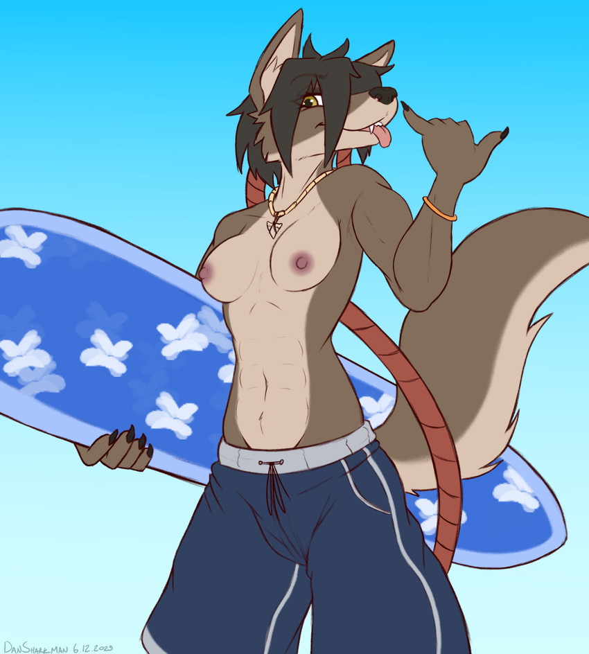 anthro black_hair black_nose breasts clothed clothed_anthro clothed_female clothing crossdressing fangs female fur grey_body grey_fur hair jewelry navel necklace nipples shark_tooth_necklace solo surfboard swimming_trunks swimwear tail teeth tongue tongue_out tooth_necklace topless topless_anthro topless_female dansharkman juniper_(dansharkman) canid canine canis mammal wolf hi_res