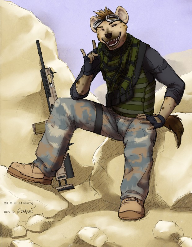 anthro brown_eyes camo camo_print clothed clothing devil_horns_(gesture) eyewear fully_clothed gesture goggles grin gun hand_gesture kerchief looking_at_viewer male military neckerchief neckwear ranged_weapon rifle scar-h shemagh smile solo tail uniform weapon fadzai hyena mammal spotted_hyena 2013 absurd_res full-length_portrait hi_res portrait