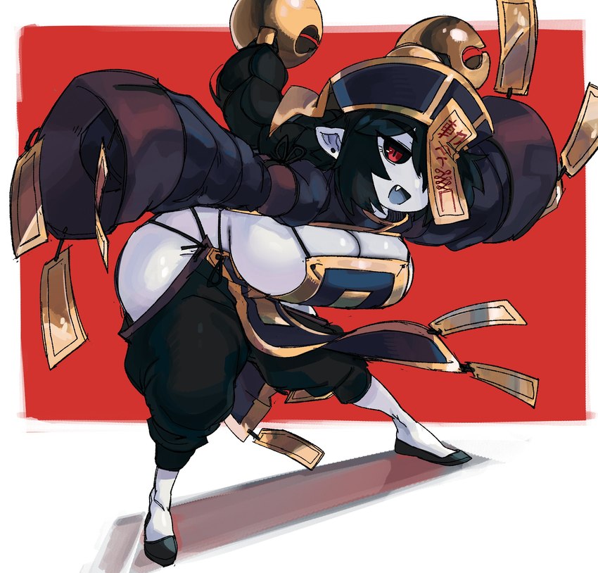 big_breasts black_hair black_sclera breasts clothed clothing cute_fangs ear_piercing fangs female female_humanoid footwear front_view geometric_background hair hair_over_eye hat headgear headwear huge_breasts humanoid_pointy_ears long_sleeves not_furry ofuda open_mouth open_smile piercing pointy_ears red_eyes shoes simple_background smile solo standing talisman teeth three-quarter_view zanamaoria asian_mythology chinese_mythology east_asian_mythology mythology mei_lan_(zanamaoria) humanoid jiangshi undead 2021 absurd_res digital_media_(artwork) hi_res portrait