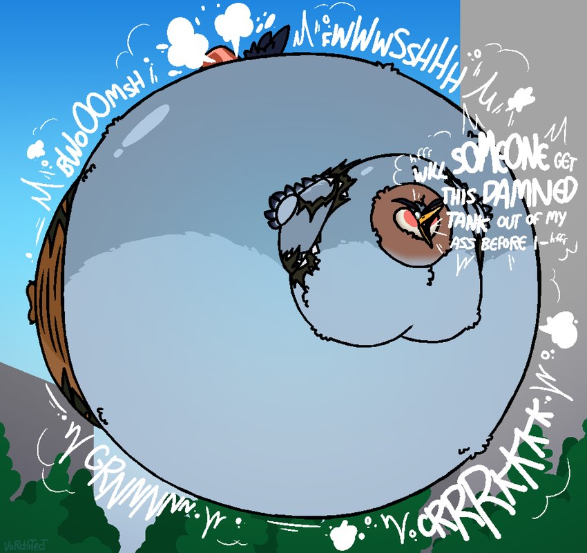 air_inflation air_puff blue_body blue_fur close_to_bursting clothing creaking fur glistening glistening_body heavy_blush hyper hyper_inflation implied_popping inflation motion_lines object_in_ass onomatopoeia profanity sound_effects spherical_inflation text torn_clothing white_text vorchitect archi_(inflationfanboy) avian bird heron pelecaniform 2024 artist_name hi_res