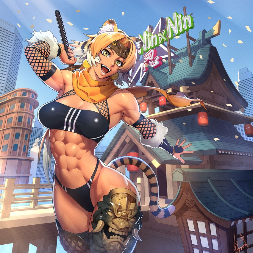 abs armwear blonde_hair breasts building clothed clothing detailed_background female fishnet_armwear fishnet_clothing hair legwear melee_weapon muscular muscular_female obliques serratus solo sword thigh_highs weapon ogami animal_humanoid felid felid_humanoid humanoid mammal mammal_humanoid pantherine pantherine_humanoid tiger_humanoid 1:1 2022 hi_res