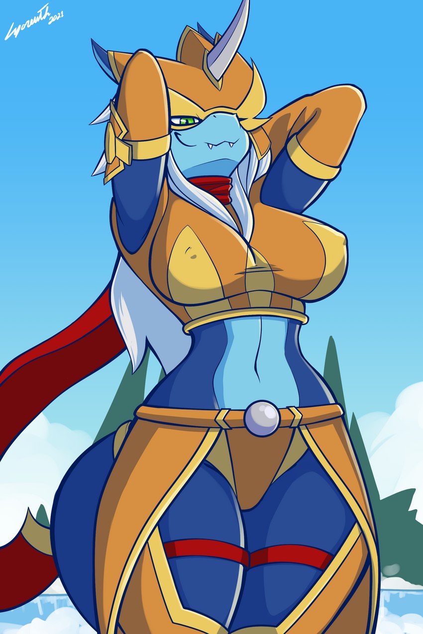 anthro armor bedroom_eyes big_breasts blue_body blue_skin breasts countershading fangs female green_eyes hair hands_behind_head legband long_hair looking_at_viewer low-angle_view midriff narrowed_eyes navel nipple_outline outside pupils scarf seductive slit_pupils smile smirk solo tail teeth thick_thighs thighband unconvincing_armor white_hair wide_hips lyorenth-the-dragon bandai_namco digimon mythology femacendramon digimon_(species) dragon flamedramon mythological_creature mythological_scalie scalie 2021 2:3 absurd_res hi_res