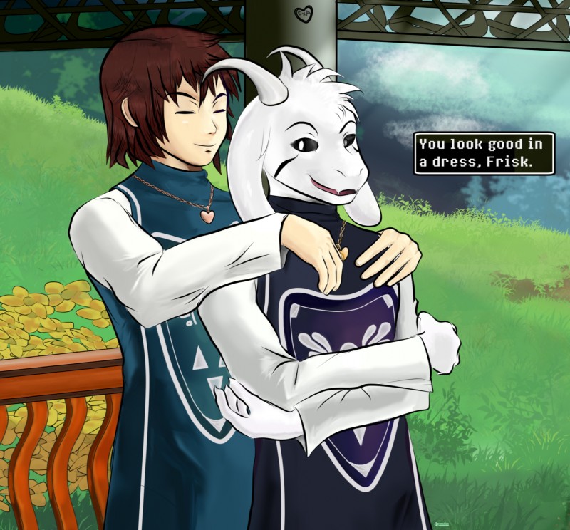 ambiguous_gender anthro black_sclera brown_hair clothing duo flower fur hair heart_symbol horn hug long_ears male open_mouth plant robe text tongue white_body white_fur evelmanian undertale undertale_(series) asriel_dreemurr_(god_form) frisk_(undertale) boss_monster_(undertale) bovid caprine human mammal 2016 english_text hi_res