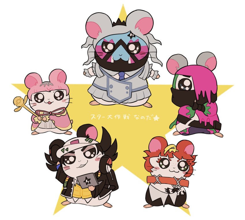 alternate_species anthro clothed clothing computer electronics female furrification group headphones laptop male staff star text pi_uht hamtaro_(series) nintendo pokemon team_star atticus_(pokemon) eri_(pokemon) giacomo_(pokemon) mela_(pokemon) ortega_(pokemon) cricetid hamster mammal rodent crossover hi_res japanese_text