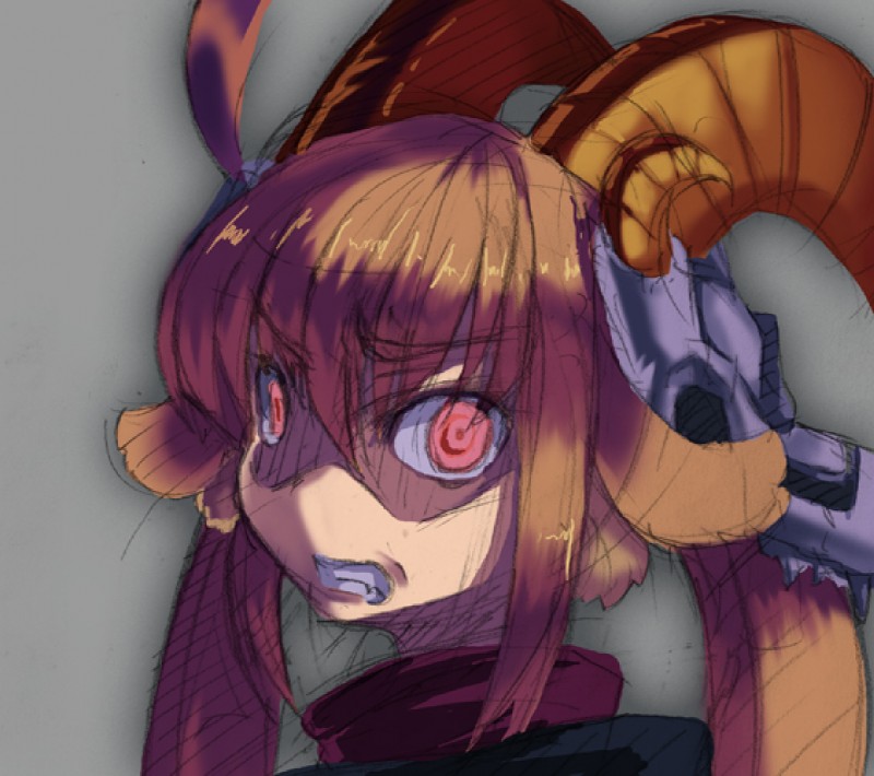 angry brown_hair female grey_background hair long_hair monster_girl_(genre) red_eyes simple_background solo teeth kenkou_cross monster_girl_encyclopedia baphomet_(deity) baphomet_(mge) bovid caprine caprine_demon deity demon goat_demon mammal headshot_portrait portrait