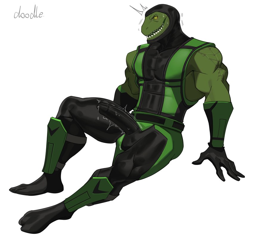 anthro biped bodily_fluids bodysuit bulge clothing condom_suit cum cum_in_clothing cum_in_pants cum_through_clothing cum_through_pants detailed_bulge erection erection_under_clothing genital_fluids genital_outline gloves green_body handwear male male_anthro ninja penis_outline plantigrade simple_background skinsuit solo tight_clothing warrior wet wet_clothing white_background cxcxxcxxxx mortal_kombat reptile_(mortal_kombat) reptile scalie absurd_res hi_res