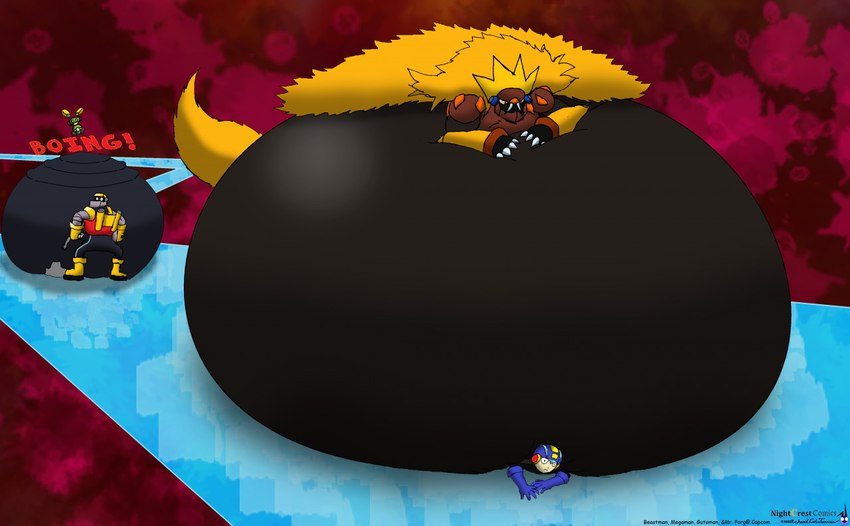 anthro belly belly_bounce belly_play belly_smoosh belly_smother belly_smothering big_belly bloated boing claws computer_virus_(program) dominant dominant_male fat_rolls finger_claws fur group jumping machine male obese obese_anthro obese_male onomatopoeia overstuffed overstuffing overweight overweight_anthro overweight_male sound_effects stuffing tail text under_belly virus k9manx90_(artist) capcom mega_man_(series) mega_man_battle_network beast_man_(mega_man) guts_man mega_man_(character) mr._porg savage_man humanoid robot robot_anthro robot_humanoid robot_master