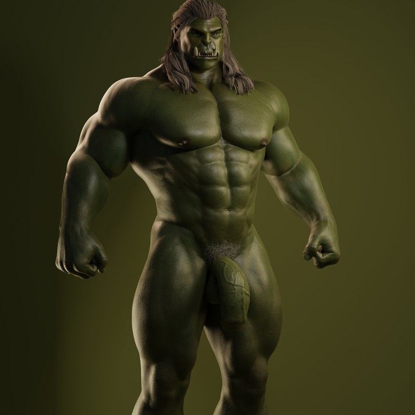 abs fangs fist front_view genitals green_body green_skin hair humanoid_pointy_ears long_hair male muscular muscular_humanoid muscular_male not_furry pecs penis pointy_ears pubes solo standing teeth vein veiny_penis voluox humanoid orc 1:1 3d_(artwork) absurd_res digital_media_(artwork) hi_res portrait three-quarter_portrait