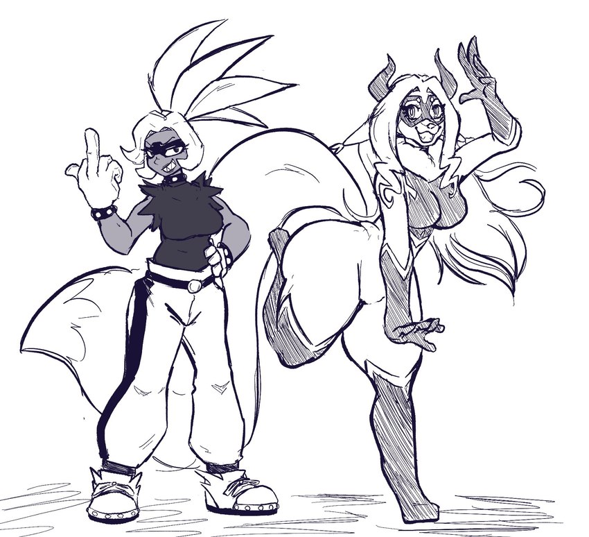 anthro big_butt big_tail breasts butt clothing cosplay costume duo female female/female gesture hand_gesture hero looking_at_viewer middle_finger pose simple_background tail thick_thighs white_background l0ad1ng idw_publishing my_hero_academia sega sonic_the_hedgehog_(comics) sonic_the_hedgehog_(idw) sonic_the_hedgehog_(series) furr_oritsu mt._lady surge_the_tenrec canid canine fox human mammal 2024 digital_media_(artwork) hi_res sketch