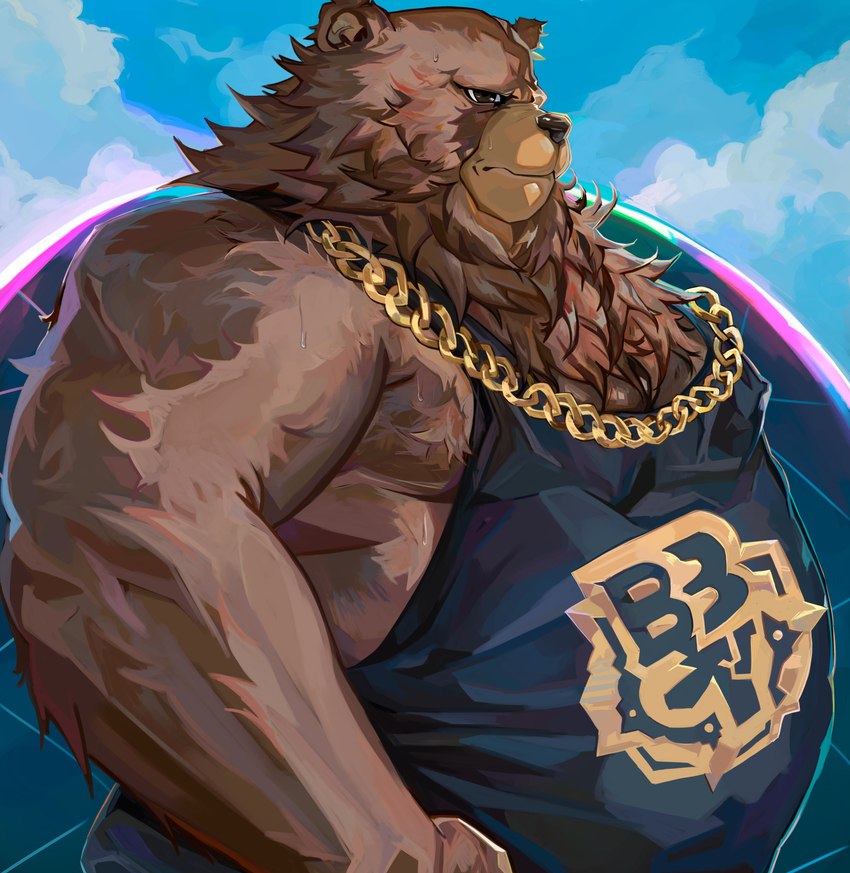 anthro belly biceps black_clothing black_shirt black_tank_top black_topwear blue_background brown_body chain_necklace clothing cloud jewelry looking_sideways male moobs musclegut muscular necklace overweight overweight_male shirt simple_background sky sky_background solo tank_top topwear jessebrart mihoyo zenless_zone_zero ben_bigger bear mammal 2024 absurd_res hi_res