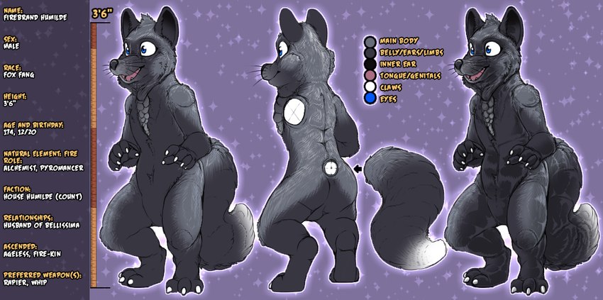 3_toes anthro beard black_body black_fur blue_eyes digitigrade facial_hair feet front_view fur grey_beard grey_facial_hair male rear_view scales scar short solo tail text toes kitsune_youkai last_love firebrand_humilde canid canine fox mammal english_text model_sheet