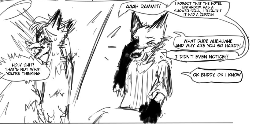 anthro duo male text shov_16 roofi zak_ephemerous canid canine canis fox mammal wolf absurd_res comic english_text hi_res monochrome