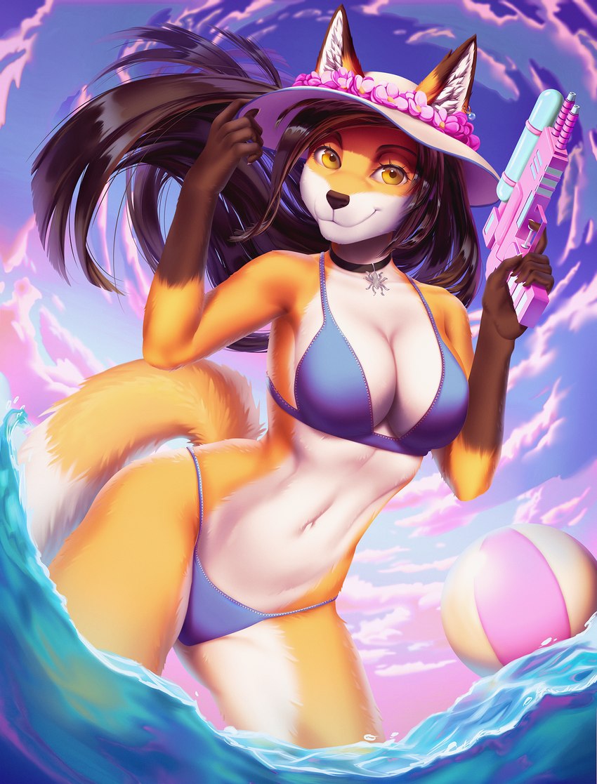 accessory amber_eyes anthro bikini breasts brown_hair choker clothed clothed_anthro clothed_female clothing cloud detailed_background dipstick_ears dipstick_tail ear_markings eyebrows eyelashes female female_anthro flower fur gloves_(marking) hair hat headgear headwear holding_object inner_ear_fluff jewelry leg_markings looking_at_viewer markings medium_breasts multicolored_body multicolored_ears multicolored_fur necklace orange_body plant seaside smile socks_(marking) solo swimwear tail tail_markings thick_thighs toy toy_gun tuft two-piece_swimsuit water water_gun white_body white_fur yellow_eyes pinkerie cynthia_saito canid canine fox mammal 2022 digital_drawing_(artwork) digital_media_(artwork) hi_res shaded