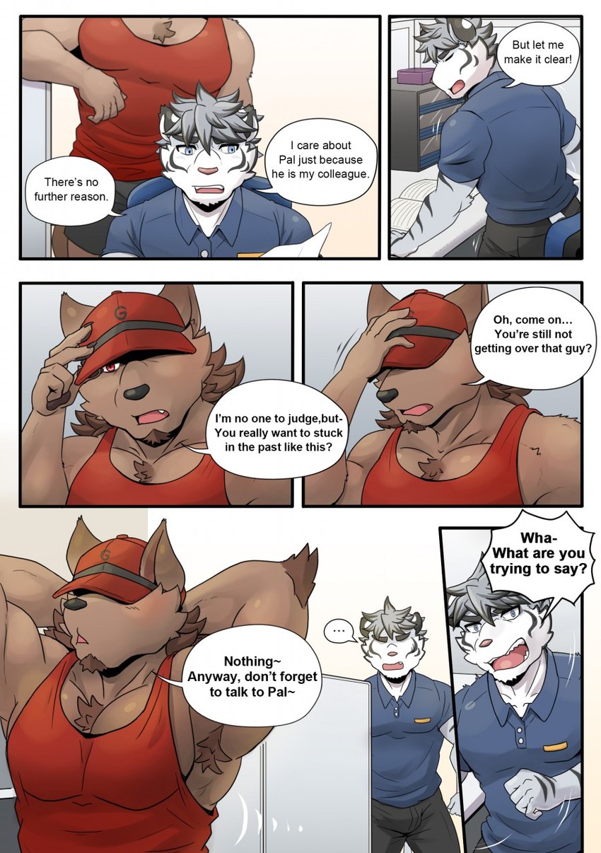 anthro clothing dialogue hat headgear headwear male shirt tank_top text topwear h155296 gym_pals boss_(gym_pals) myosotis_(gym_pals) canid canine canis felid mammal pantherine tiger wolf comic english_text hi_res