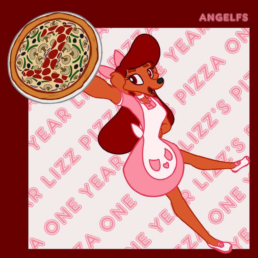 accessory anthro apron bow_ribbon brown_body brown_fur clothed clothing collar dress female floppy_ears food fur hair heart_symbol pizza plate pockets raising_arm red_hair ribbons smile solo standing angelfs bird_dog canid canine canis domestic_dog golden_retriever hunting_dog mammal retriever 1:1