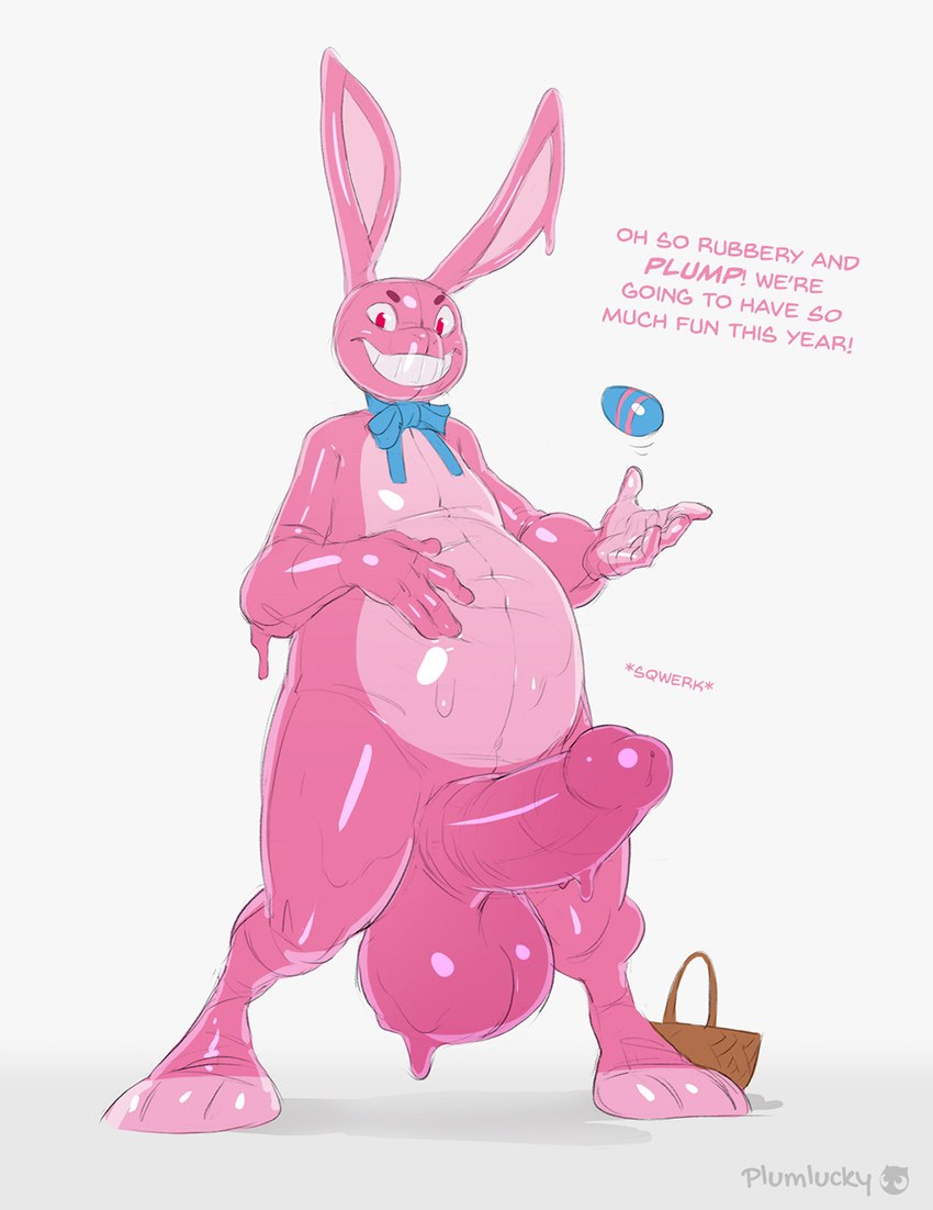 after_transformation anthro assimilation balls big_balls big_penis corruption dialogue erection genitals goo_suit goo_transformation holidays hyper hyper_genitalia latex male penis pink_body slime solo takeover teeth text transformation plumlucky easter easter_bunny goo_creature lagomorph leporid mammal rabbit english_text hi_res