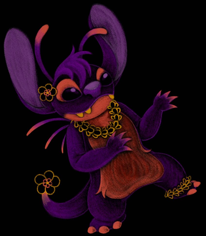 3_toes 4_fingers ambiguous_gender antennae_(anatomy) back_spines black_background dancing dipstick_antennae dutch_angle feet fingers flower_tail fur hula leaf_anklet lei multicolored_antennae purple_body purple_fur purple_inner_ear purple_nose red_body red_fur semi-anthro simple_background solo toes skelejor disney lilo_and_stitch fan_character sneaky_(arsononymous) alien experiment_(lilo_and_stitch) 2024 hi_res