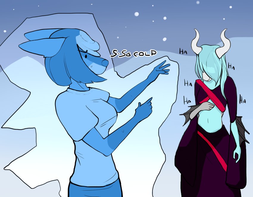 cold duo female frozen frozen_solid ice midriff navel text bedsheetwalking mythology accalia_elementia whispa whispa_(pollard) canid canine dragon fox mammal mythological_creature mythological_scalie scalie female_(lore)