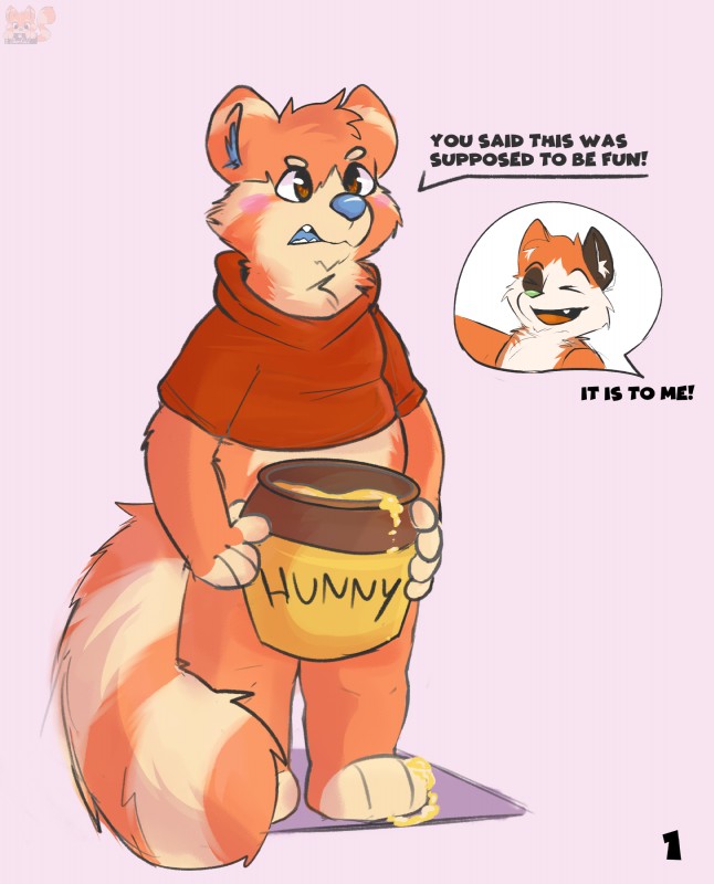 blue_nose blush bottomless clothed clothing cosplay duo exclamation_point food fur honey_(food) laugh male orange_body orange_fur red_clothing red_shirt red_topwear shirt solo_focus text topwear sharkall disney winnie_the_pooh_(franchise) pooh_bear ailurid mammal red_panda absurd_res english_text hi_res