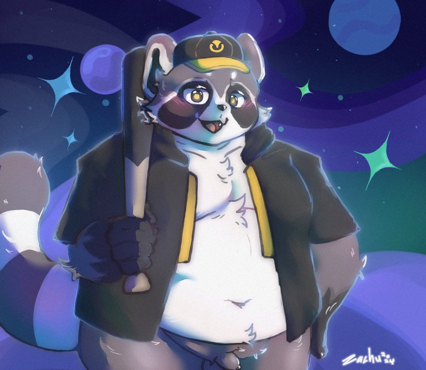 anthro balls baseball_bat baseball_cap bat_(object) belly big_belly black_nose blush clothing flaccid genitals grey_body hat headgear headwear kemono male moobs navel open_mouth overweight overweight_male penis small_penis solo space white_body zardacian honkai:_star_rail mihoyo galactic_baseballer_(honkai:_star_rail) hybrid mammal procyonid raccoon 2024 hi_res