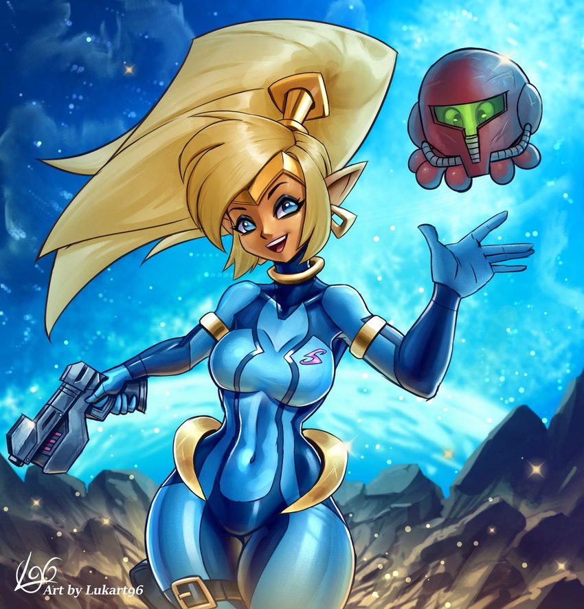 blonde_hair blue_eyes breasts brown_body brown_skin clothing cosplay crossover_cosplay duo ear_piercing ear_ring female gun hair handgun humanoid_pointy_ears not_furry piercing pointy_ears ponytail ranged_weapon ring_piercing weapon zero_suit lukart96 metroid nintendo shantae_(series) wayforward samus_aran shantae genie heart_squid_(shantae) humanoid 2024 crossover hi_res signature