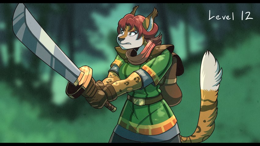 anthro backpack belt blurred_background clothing dipstick_ears dipstick_limbs dipstick_tail ear_markings female forest forest_background fur gloves green_eyes growth hair handwear kerchief light_armor markings melee_weapon multicolored_ears muscle_growth nature nature_background neckerchief neckwear plant red_hair solo sword tail tail_markings tan_body tan_fur tree weapon white_body white_fur volkenfox riley_o'shane fictional_species lynxuki 2024 absurd_res colored hi_res