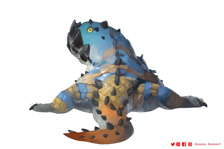 ambiguous_gender feral pose scales simple_background solo spines tail white_background yellow_eyes xezeno black_betty_(meme) capcom monster_hunter dodogama fanged_wyvern 2022 digital_media_(artwork) hi_res meme