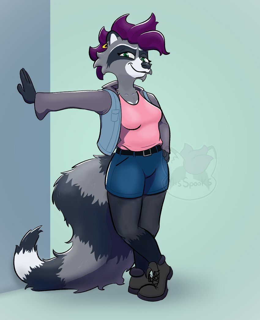 anthro boots bottomwear clothing ear_piercing ear_ring female footwear fur green_eyes grey_body grey_fur hair jacket markings mohawk piercing purple_hair raccoon_tail ring_(marking) ring_piercing ringed_tail shirt shoes shorts solo striped_markings striped_tail stripes tail tail_markings topwear misspooks mammal procyonid raccoon absurd_res hi_res