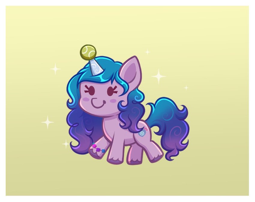 ball blue_hair border bracelet cutie_mark female feral hair horn jewelry size_difference smaller_female solo sparkles sparkling_character tennis_ball tennis_ball_on_horn white_border confetticakez hasbro mlp_g5 my_little_pony mythology izzy_moonbow_(mlp) equid equine mammal mythological_creature mythological_equine unicorn