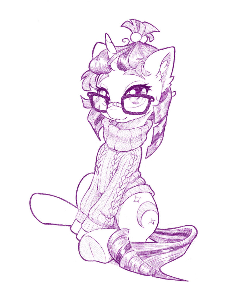 clothing cutie_mark eyewear female feral glasses horn looking_at_viewer quadruped simple_background sitting solo sweater topwear turtleneck white_background dstears friendship_is_magic hasbro my_little_pony mythology moondancer_(mlp) equid equine mammal mythological_creature mythological_equine unicorn 2020 full-length_portrait graphite_(artwork) hi_res monochrome portrait purple_theme traditional_media_(artwork)