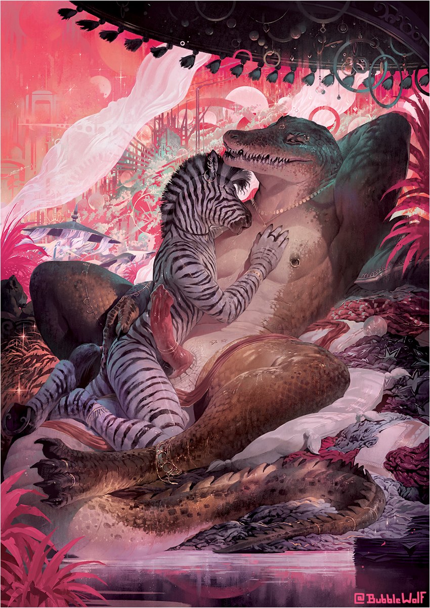 animal_genitalia animal_penis anthro anthro_on_anthro anthro_penetrated anthro_penetrating anthro_penetrating_anthro biped black_body black_fur brown_body brown_scales chest_lick claws cloaca cloacal cloacal_penetration crocodilian_penis detailed_background duo ear_piercing ear_ring erection eyebrow_piercing eyes_closed facial_piercing fur genitals hooves horseshoe interspecies jewelry larger_male larger_penetrated licking licking_pecs male male/male male_anthro male_penetrated male_penetrating male_penetrating_male muscular muscular_anthro muscular_bottom muscular_male muscular_sub necklace nipple_piercing nipple_ring nipples non-mammal_nipples nude_anthro nude_male pec_lick penetration penile penile_penetration penis penis_in_cloaca piercing predator/prey prey_on_top prey_penetrating_predator ring_piercing romantic scales sex size_difference slit_penetration slit_play small_dom_big_sub small_top_big_bottom smaller_male striped_body striped_fur stripes submissive toe_claws tongue white_body white_fur bubblewolf crocodile crocodilian equid equine mammal reptile scalie zebra 2024 digital_media_(artwork) hi_res