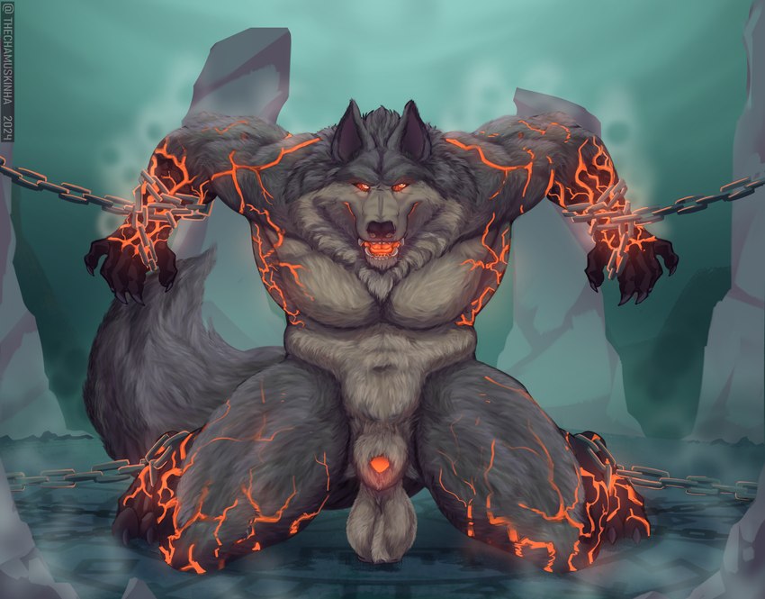 animal_genitalia anthro balls canine_genitalia claws elemental_manipulation fire fire_manipulation fur genitals lava lipsticking male musk musky_penis nipples nude orange_penis penis sheath simple_background solo steam tail chamuskinha mythology smite fenrir_(smite) canid canine canis elemental_creature lava_creature mammal mineral_fauna mythological_canine mythological_creature werecanid werecanine werecreature werewolf wolf absurd_res digital_media_(artwork) hi_res