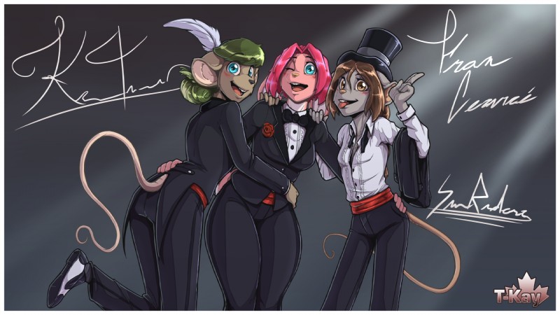 anthro blush border breasts clothed clothing female fully_clothed group one_eye_closed smile white_border wink t-kay fran_cervice katie_tinson sam_rodoric lagomorph leporid mammal mouse murid murine rabbit rodent 16:9 digital_media_(artwork) hi_res shaded widescreen