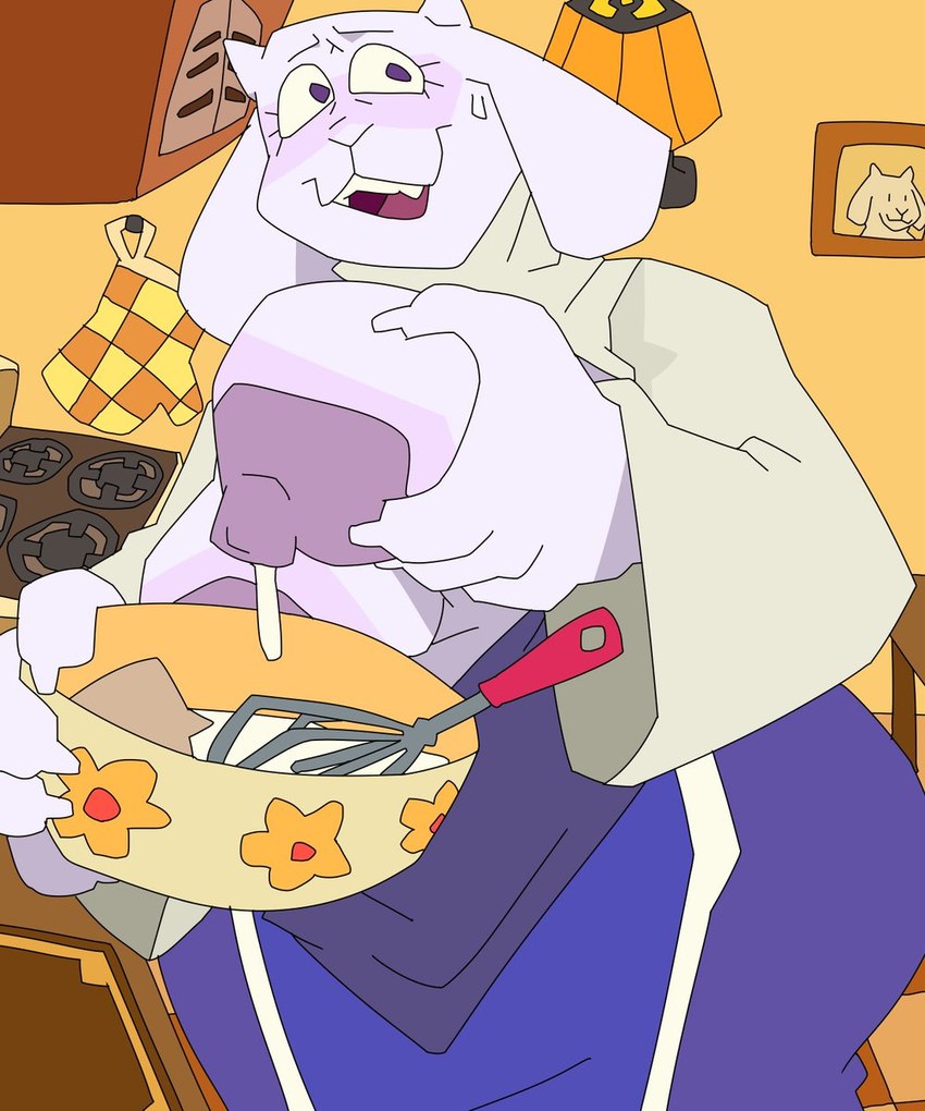 anthro areola baking big_areola blush bodily_fluids breasts cooking embarrassed female fur holding_breast huge_areola kitchen lactating looking_away milk milk_drip mixing_bowl solo sweat sweatdrop white_body white_fur peeppepi undertale_(series) toriel boss_monster_(undertale) bovid caprine goat mammal 2025 5:6 hi_res