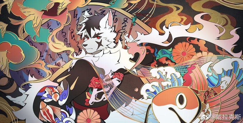 anthro asian_clothing black_body black_fur black_hair clothing east_asian_clothing flower fur hair male painting plant scroll solo wave white_body white_fur white_hair delax_(artist) tianhehui bai_yu_(tianhehui) canid canine canis mammal wolf hi_res