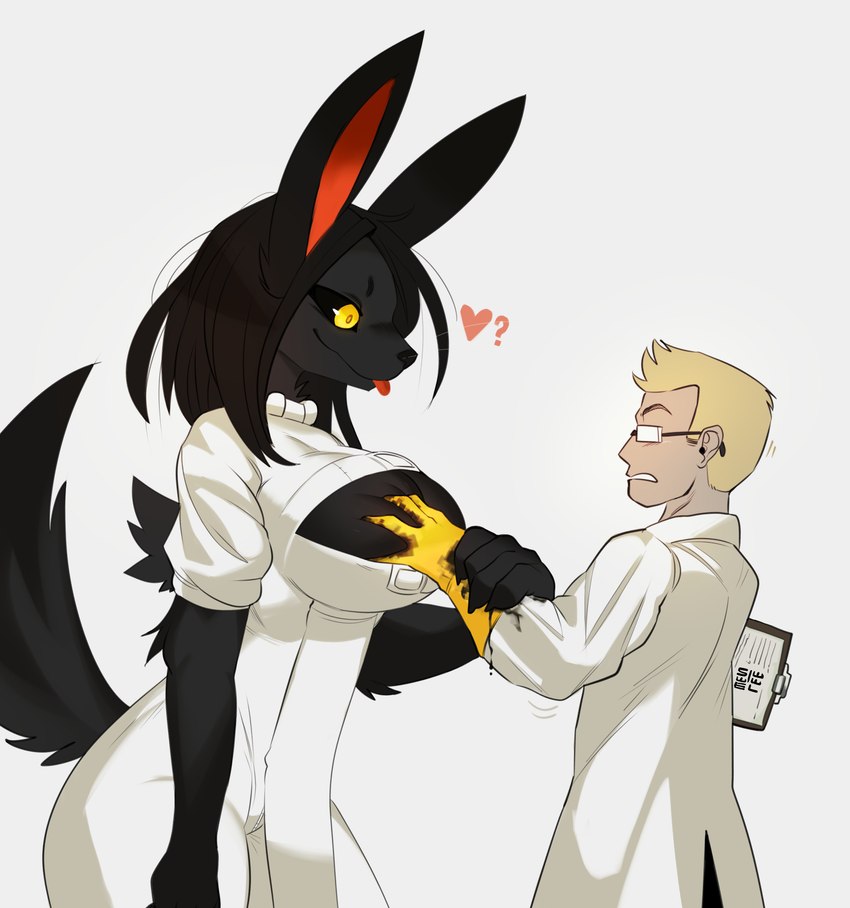 anthro big_breasts biped black_body black_fur black_hair blep breasts clothed clothing coat duo eyewear female fully_clothed fur glasses gloves hair hand_on_breast handwear lab_coat looking_at_another male simple_background standing tongue tongue_out topwear white_background yellow_eyes swiwwel mir_(swiwwel) canid canine human mammal 2024 absurd_res digital_drawing_(artwork) digital_media_(artwork) hi_res