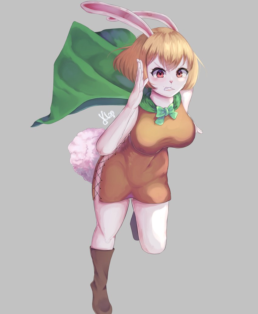 anthro blonde_hair boots breasts clothed clothing dress female fluffy fluffy_tail footwear fur hair no_underwear orange_clothing orange_dress running shoes sideless_clothing sideless_dress solo tail white_body white_fur klopsiak one_piece carrot_(one_piece) lagomorph leporid mammal minkmen_(one_piece) rabbit absurd_res hi_res