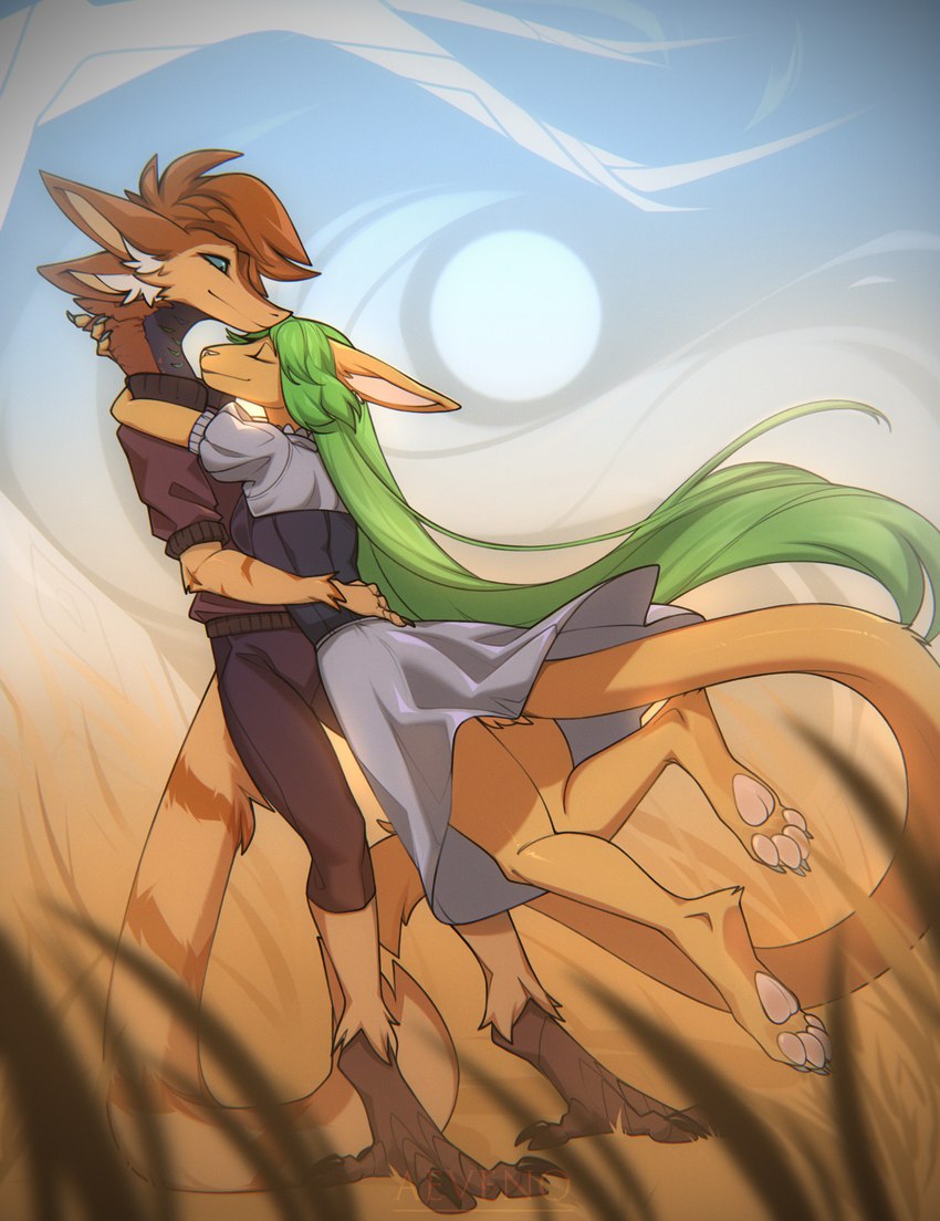 4_ears anthro blue_eyes claws clothed clothing dress duo eyes_closed female fur grass green_hair hair hug inner_ear_fluff long_hair long_tail male multi_ear nails orange_body orange_fur orange_hair outside pawpads plant smile standing tail tree tuft white_inner_ear_fluff aeveno_(artist) elva turo unknown_species absurd_res hi_res