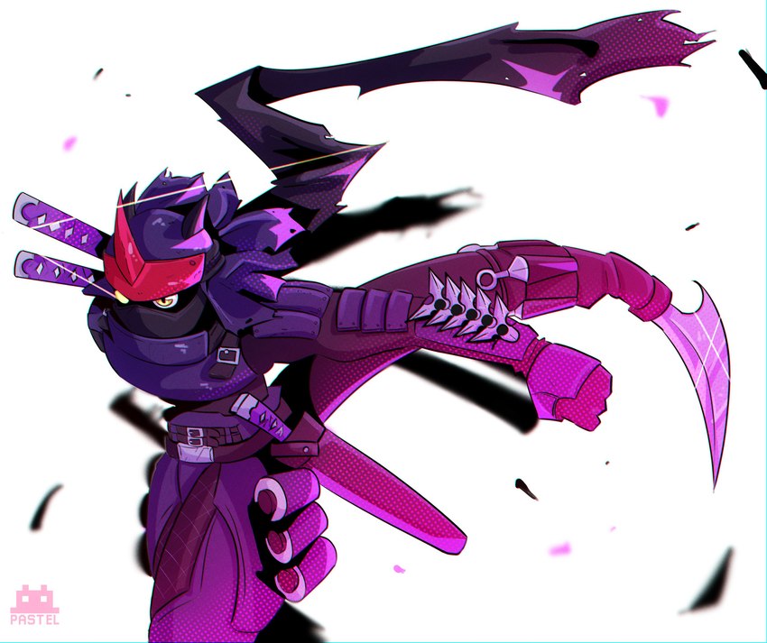 anthro black_body katana male melee_weapon ninja ranged_weapon scarf shuriken simple_background solo sword warrior weapon white_background yellow_eyes pastelmon_art bandai_namco digimon digimon_(species) fumamon humanoid absurd_res hi_res