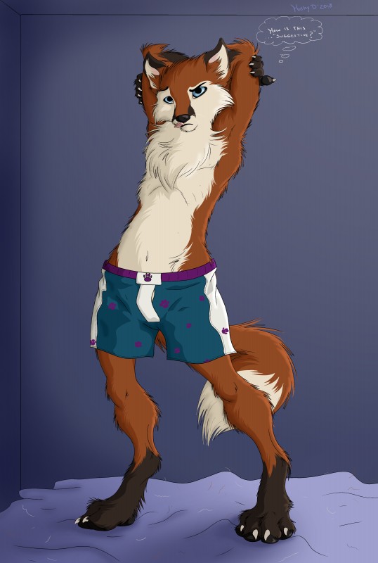 anthro bedroom blue_eyes boxers_(clothing) chest_tuft clothing digitigrade footprint licking licking_lips licking_own_lips male pawprint pose raised_arm self_lick simple_background solo suggestive_posing text thought_bubble tongue tongue_out tuft underwear gthusky jerrin_(mrphox) jerrin_phox canid canine fox mammal 2018 absurd_res english_text hi_res