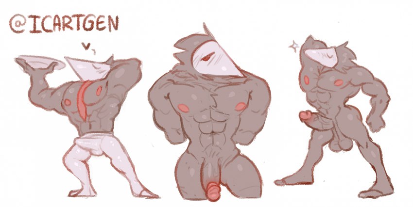 anthro bulge clothed clothing erection erection_under_clothing genitals group hiding_erection hiding_face male mask muscular muscular_anthro muscular_male nipples nude penis pose shirtless shirtless_male shy tuft vein veiny_penis ledange deltarune undertale_(series) swatchling hi_res