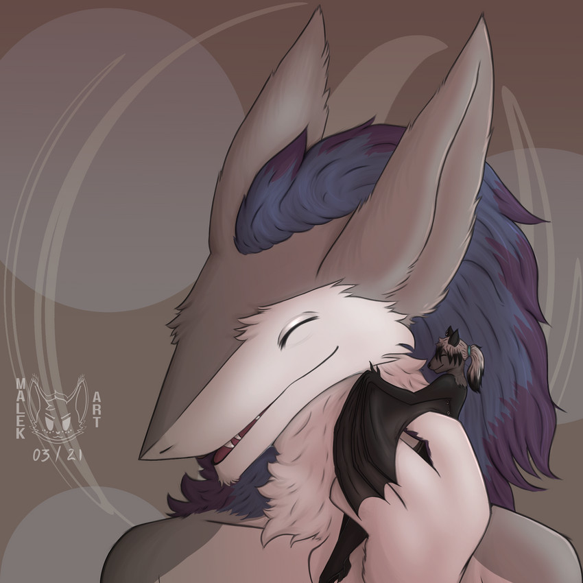 anthro black_body duo eyes_closed female fur grey_body grey_fur hair hug long_hair macro male male/female nude open_mouth purple_hair simple_background smile teeth white_body white_fur wings malekart bat mammal sergal 1:1 colored digital_drawing_(artwork) digital_media_(artwork) digital_painting_(artwork) hi_res