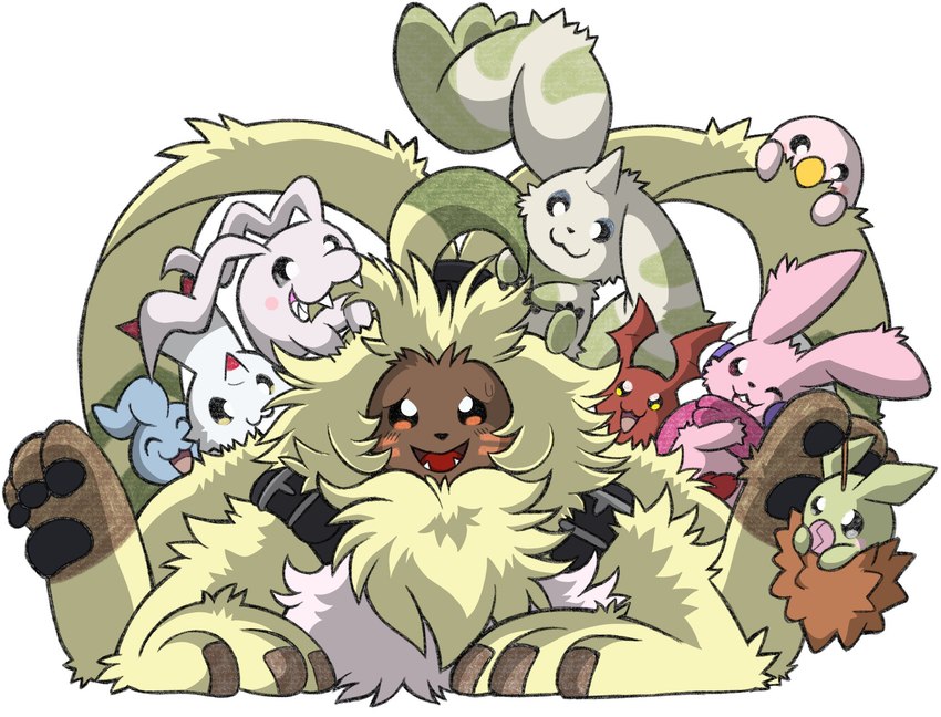 anthro beady_eyes belt blush feral fluffy fur group long_ears pawpads ponytail_ears yellow_body yellow_fur portugueselynx bandai_namco digimon angoramon curimon cutemon digimon_(species) gigimon lagomorph leporid mammal minomon motimon rabbit terriermon tokomon waddling_head hi_res