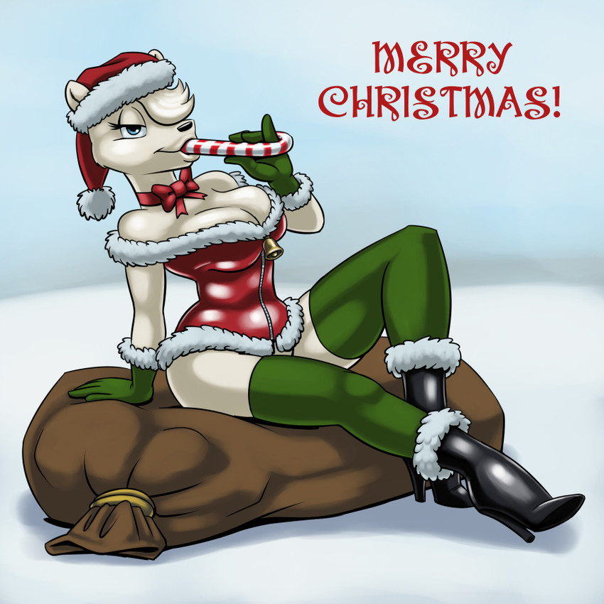 anthro boots breasts candy candy_cane christmas_clothing christmas_headwear cleavage clothed clothing dessert female food footwear gloves handwear hat headgear headwear high_heeled_boots high_heels holidays legwear sack santa_hat shoes solo thigh_highs carelessdoodler christmas bear mammal polar_bear ursine 1:1