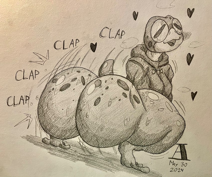 anthro ass_clapping big_breasts big_butt breasts brown_monochrome butt butt_clap clothing eyewear female glasses hearts_around_body huge_butt large_glasses logo motion_lines presenting presenting_hindquarters rear_view solo spots spotted_butt spotted_face sweater topwear wearing_glasses aluvion darcy_(kefiregg) amphibian frog poison_dart_frog 2024 artist_logo cross-hatching dated graphite_(artwork) greyscale hatching_(art) hi_res monochrome shaded signature traditional_media_(artwork)