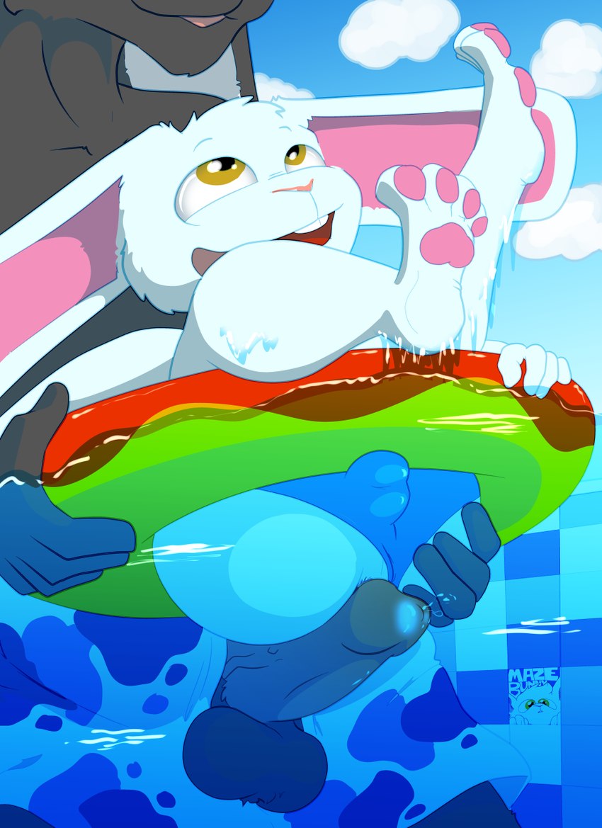 age_difference anatomically_inaccurate anatomically_inaccurate_pawpads anthro balls big_penis black_body black_ears black_fur blue_clothing blue_speedo blue_swimwear bodily_fluids buckteeth bulge butt butt_grab clothing cloud day duo erection fur genital_fluids genitals hair hand_on_butt hand_on_object happy long_ears looking_at_another low-angle_view male male/male partially_submerged pawpads penis penis_on_butt pink_nose pink_pawpads pool precum speedo swim_ring swimwear teeth tongue tongue_out water white_body white_ears white_fur white_hair yellow_eyes young young_anthro young_male younger_male reyn_goldfur maze_(reyn_goldfur) lagomorph leporid mammal rabbit 2019 digital_media_(artwork) hi_res incest_(lore) nephew_(lore) uncle_(lore) uncle_and_nephew_(lore)