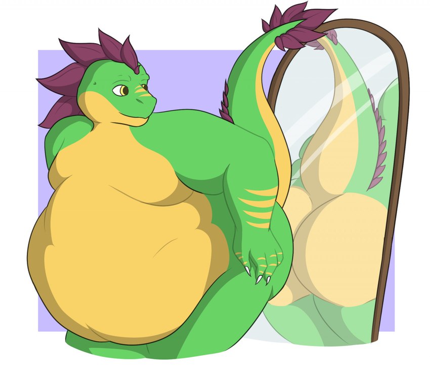 4_fingers anthro belly bent_arm big_belly big_butt butt claws closed_smile feathered_crest feathers featureless_chest finger_claws fingers green_body green_scales head_crest leaning leaning_forward looking_at_mirror looking_at_object looking_at_own_butt looking_back male male_anthro markings mirror moobs mouth_closed nude_anthro nude_male purple_body purple_feathers rectangle reflection scale_markings scales simple_background smile solo standing thick_thighs thin_eyebrows white_claws yellow_body yellow_eyes yellow_markings yellow_scales theannoyingnpc troodon_(character) dinosaur prehistoric_species reptile scalie theropod troodon troodontid 2020 colored digital_drawing_(artwork) digital_media_(artwork) shaded simple_shading