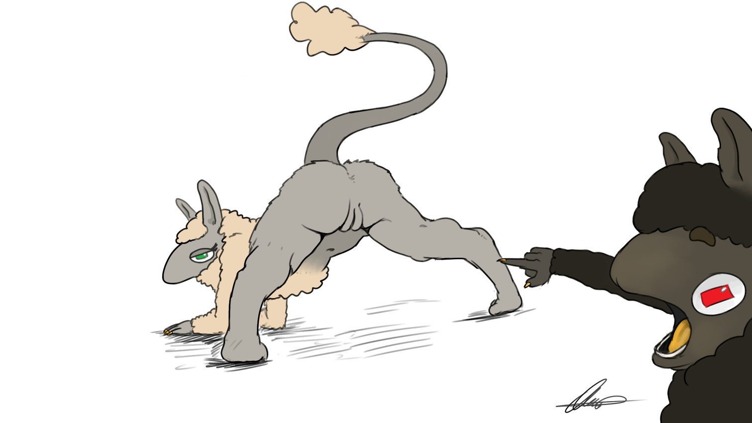 anthro ass_up duo female fur genitals gesture hand_gesture jack-o'_pose male offscreen_male orange_tongue pog_face pointing pointing_at_another pose presenting presenting_vulva raised_tail tail tail_tuft tongue tuft vulva wool_(fur) ozan the_nature_of_predators two_soyjaks_pointing venlil_(the_nature_of_predators) 16:9 hi_res widescreen