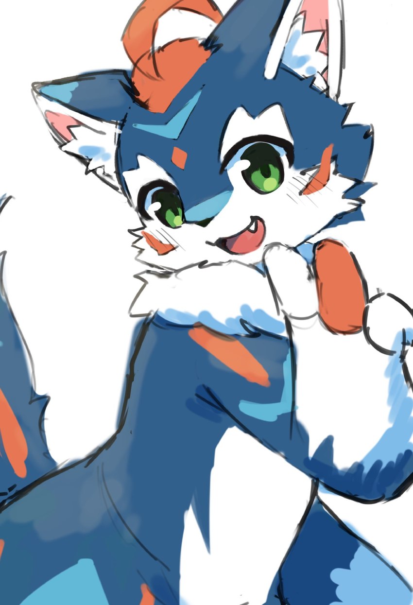 blue_body blue_fur blue_markings blue_tail blush blush_lines countershading cute_fangs fangs fur gesture glistening glistening_eyes green_eyes hair hand_gesture kemono looking_at_viewer markings multicolored_body multicolored_tail neck_tuft open_mouth open_smile orange_body orange_fur orange_hair orange_markings orange_tail side_view simple_background smile tail teeth tuft v_sign white_background white_body white_countershading white_fur fumochi_n production_taiikukan lion_(fw_rion) ambiguous_species mammal 2024 digital_media_(artwork) half-length_portrait hi_res portrait