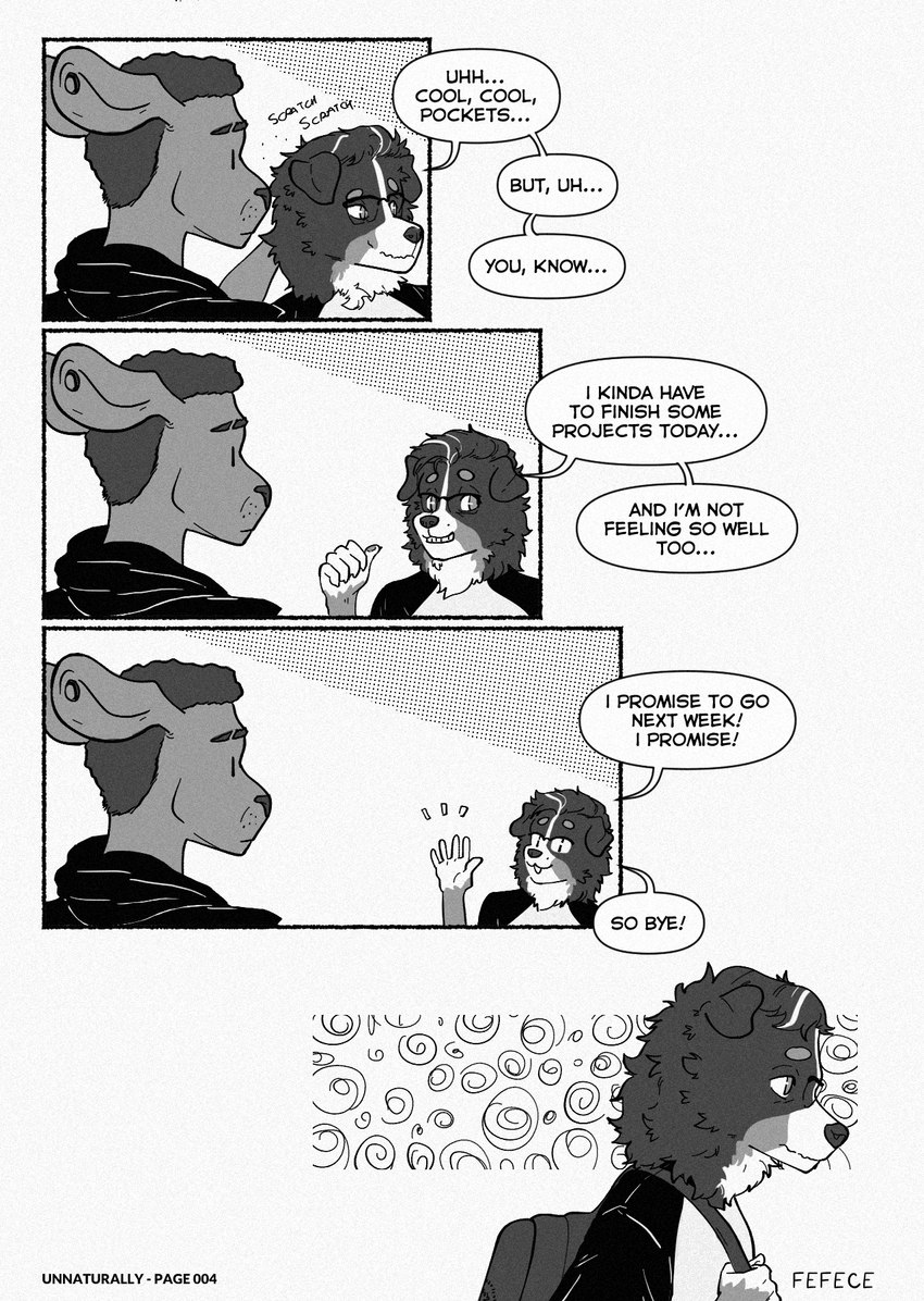 anthro dialogue duo eyewear glasses male piercing speech_bubble text fefece alfred_(fefece) pockets_(fefece) bernese_mountain_dog canid canine canis domestic_dog kangaroo macropod mammal marsupial molosser mountain_dog swiss_mountain_dog black_and_white comic english_text hi_res monochrome